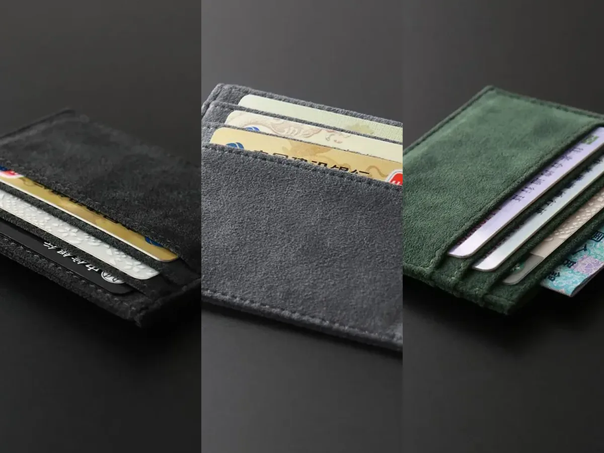 Suede card holders in black, grey and green